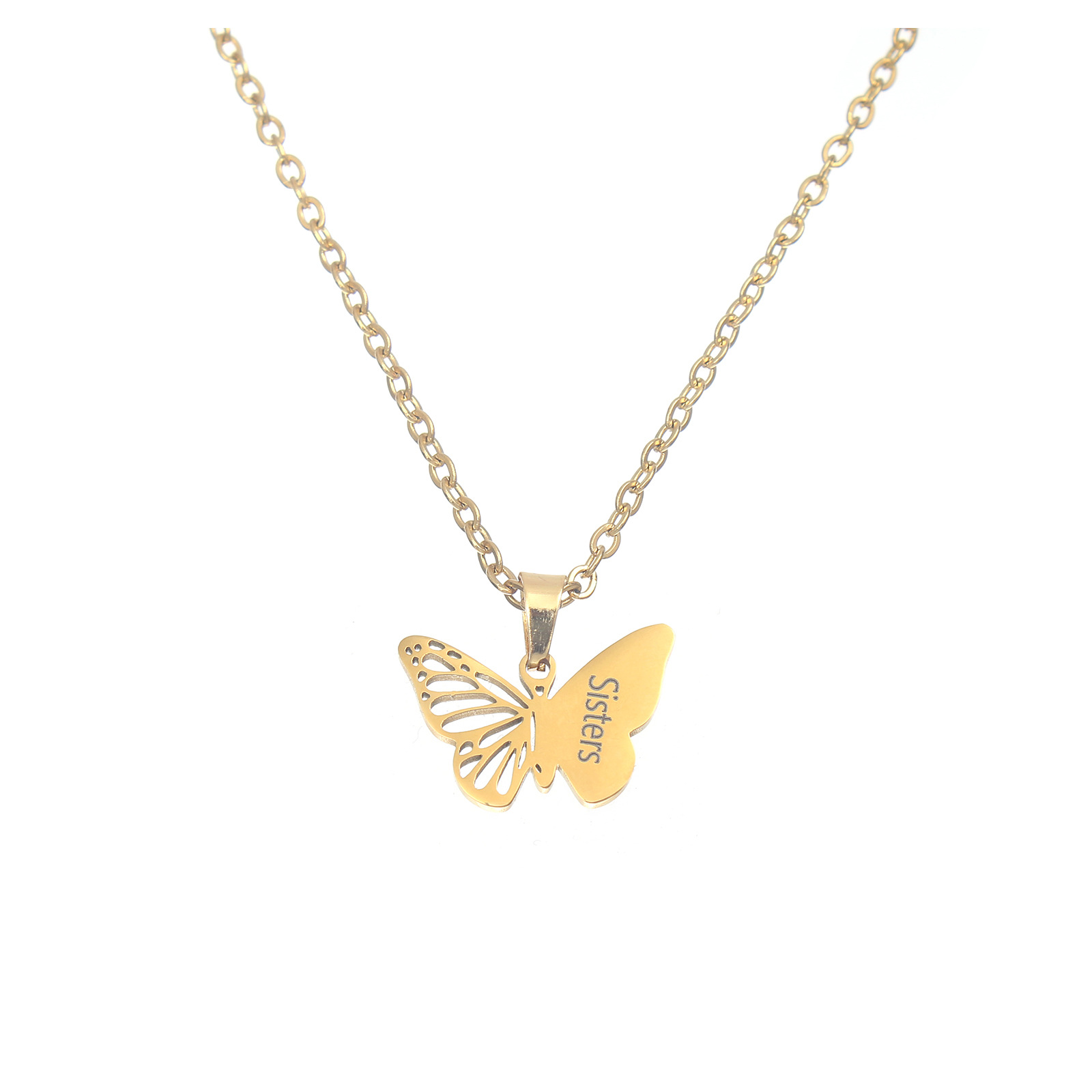 Gold Butterfly Sisters engraved necklace