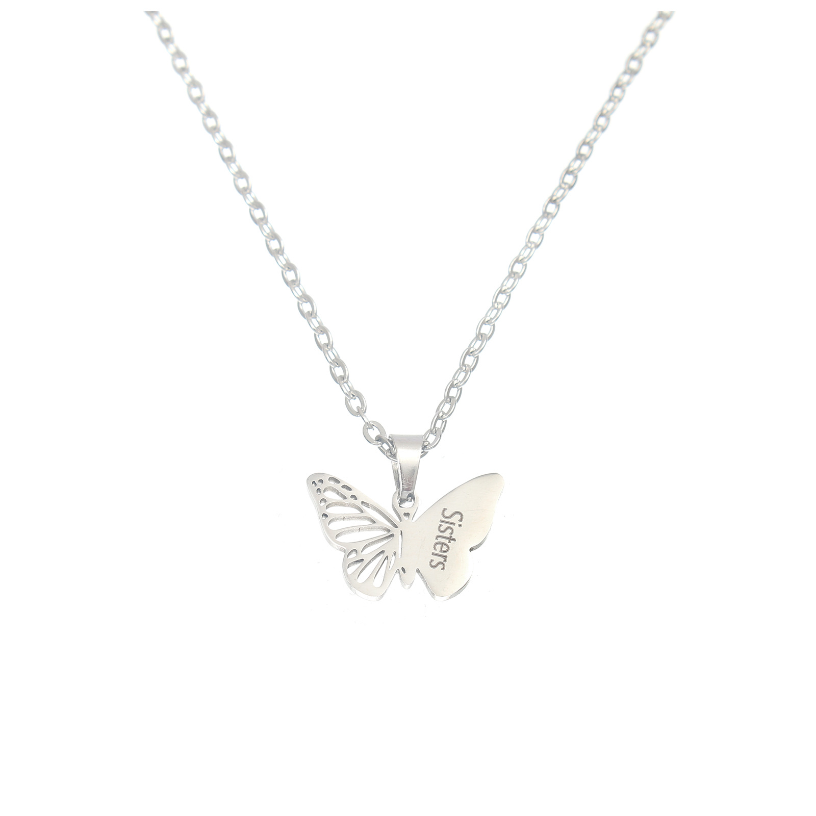 Silver Butterfly Sisters engraved necklace