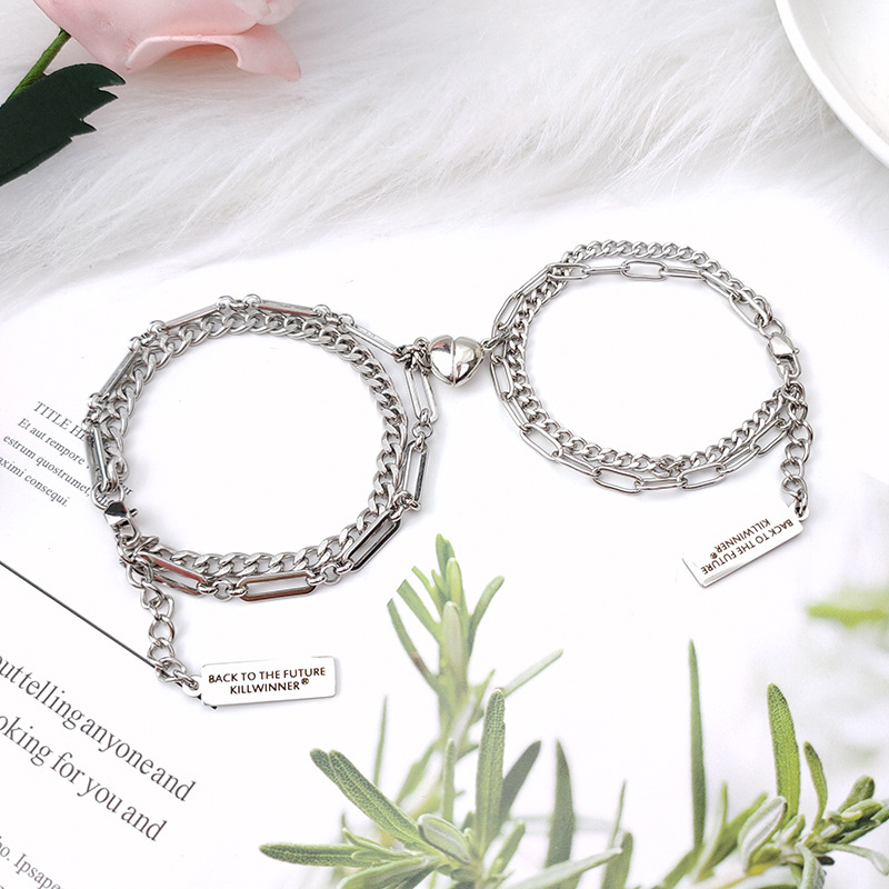 Double stainless steel love bracelet with a pair o