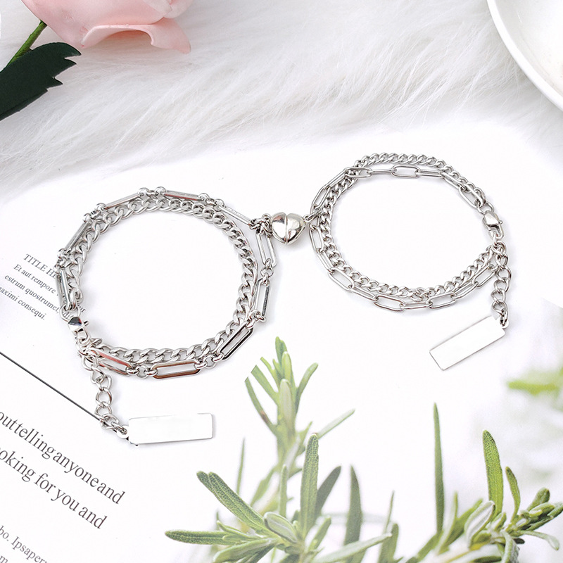 Double stainless steel love bracelet pair without