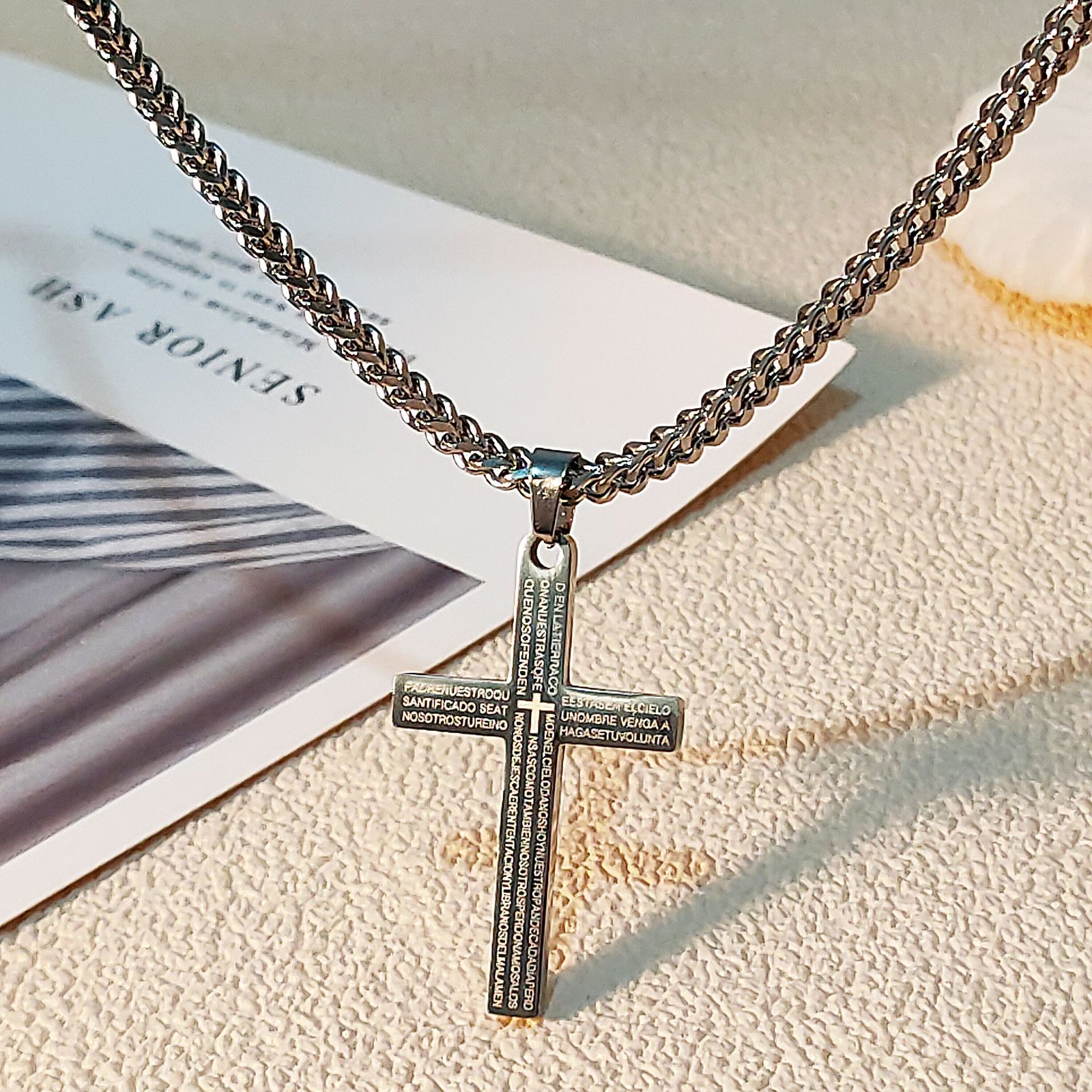 Stainless steel cross necklace with reversible cha