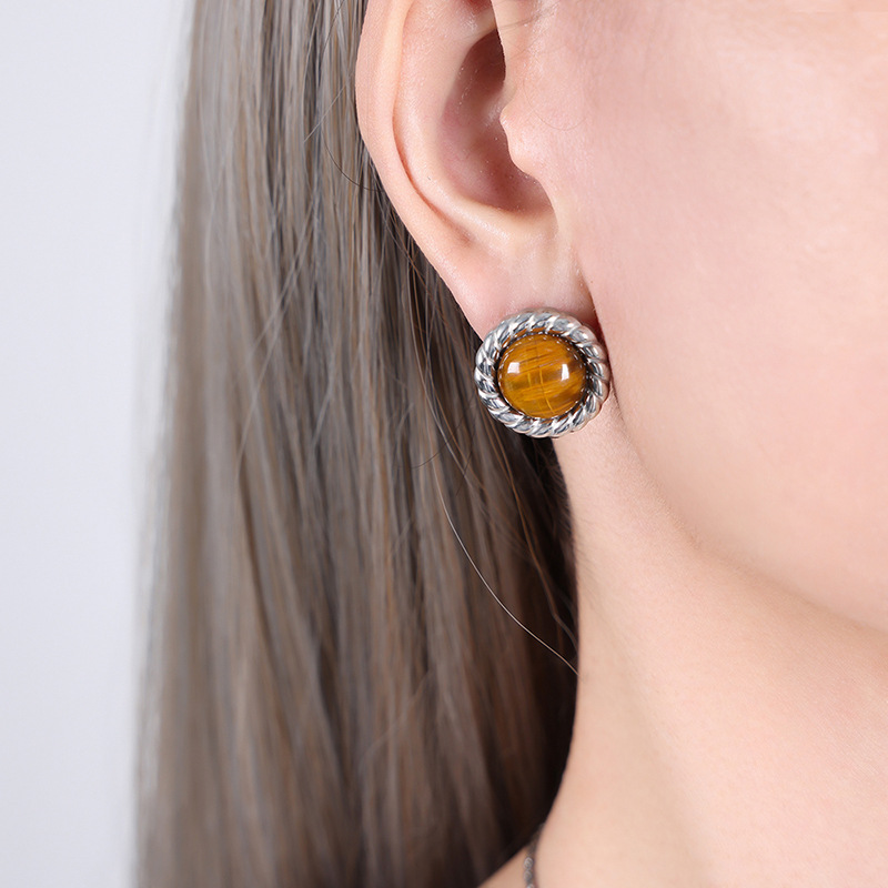 Steel Tiger's eye stone earrings