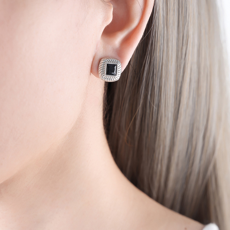 2:Steel black glass stone earrings