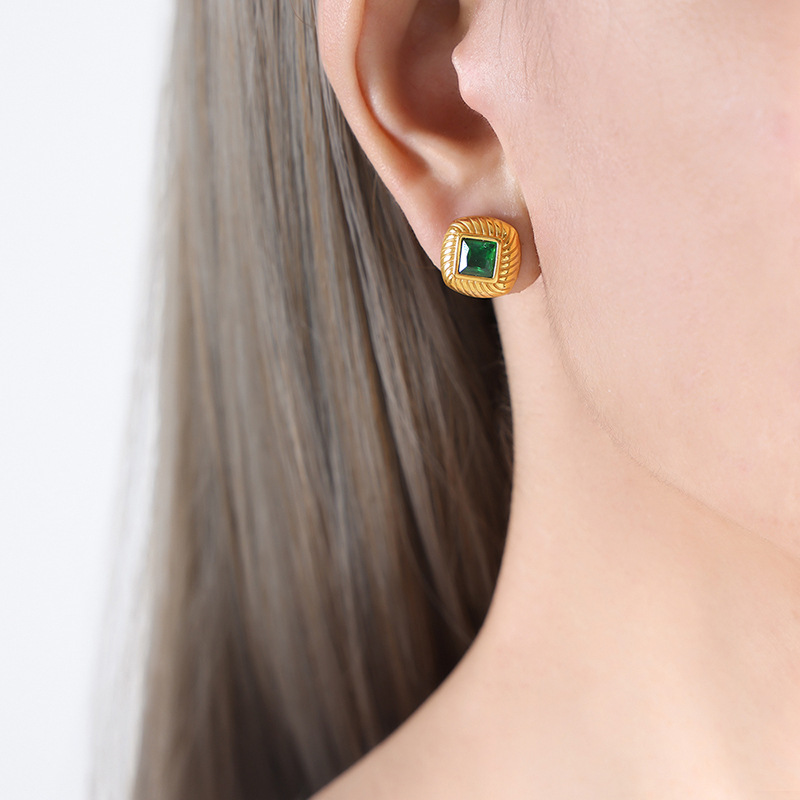 Gold Green glass earrings