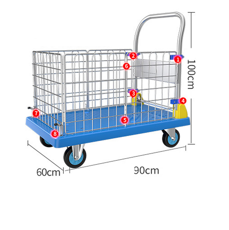 Blue thickened 90 * 60 high fence car 8 points fixed with 5 inch TPR wheel