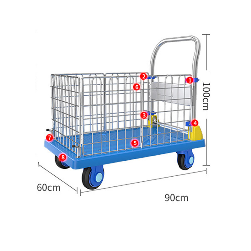 Blue thickened 90 * 60 high fence car 8 points fixed with 5 inch plastic wheel