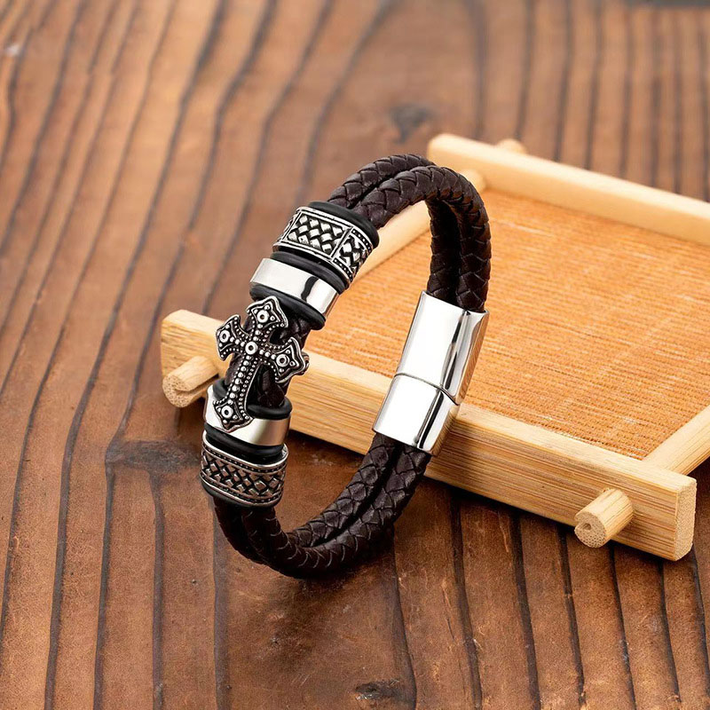 Steel color + double coffee color leather rope