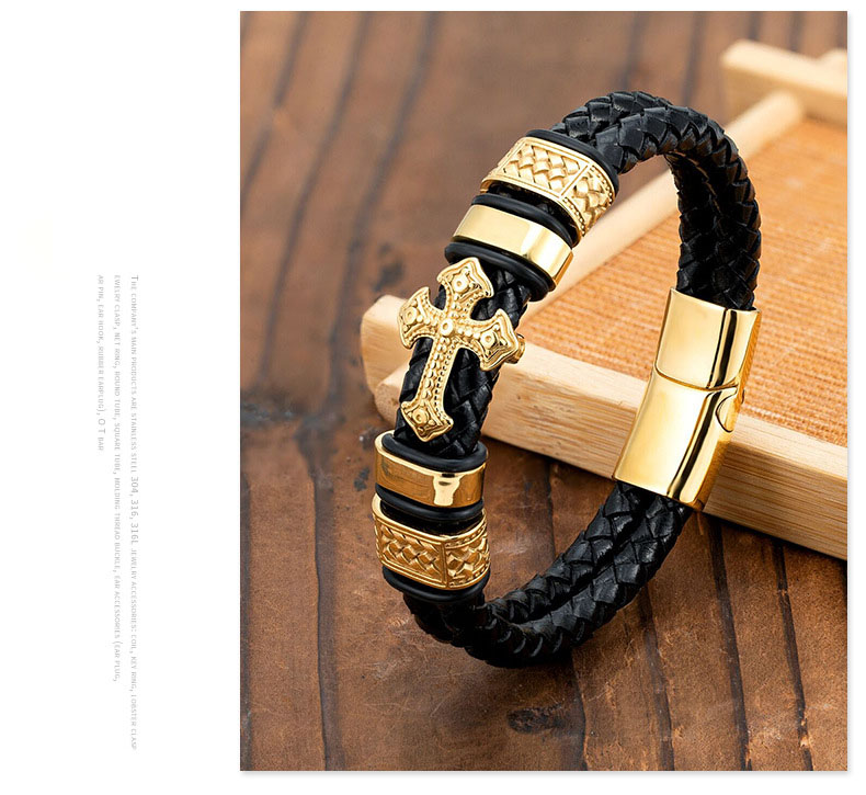 Vacuum plated gold + double black leather rope