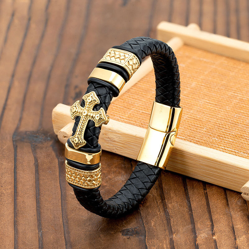Vacuum plated gold   single layer black leather rope