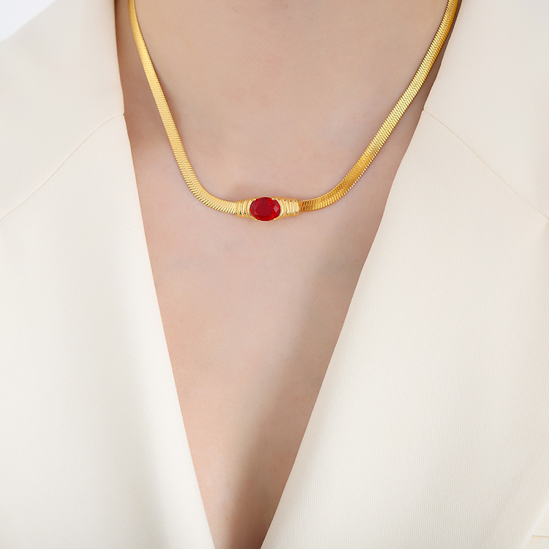 Gold red glass stone necklace