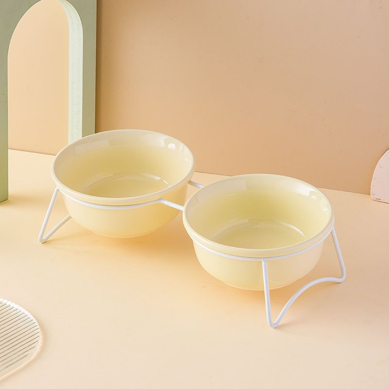 Pale yellow double bowl double hole white support