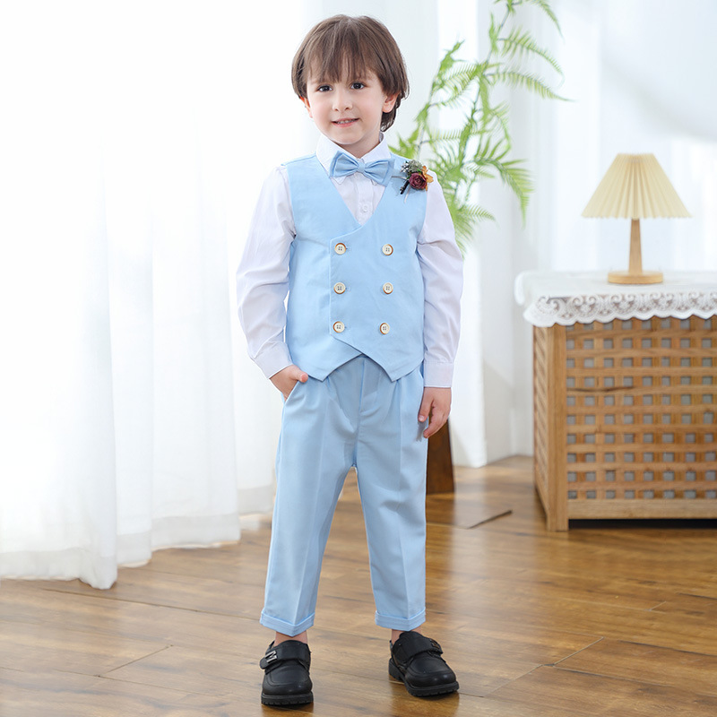 Sky blue vest and pants with bow tie corsage