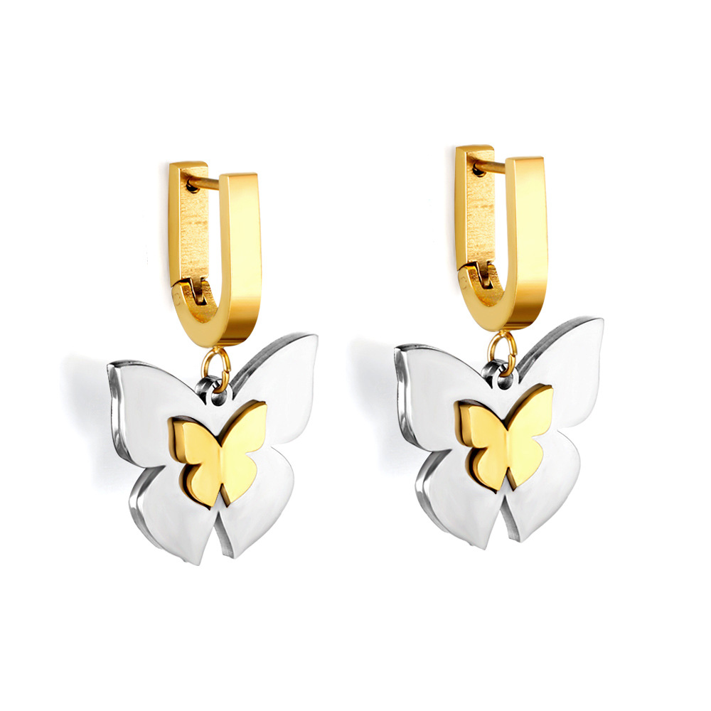 2:U-shaped earrings gold-sized butterfly