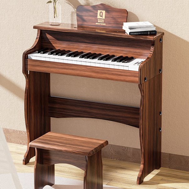 Entry-level upright piano (deep wood grain)   stool