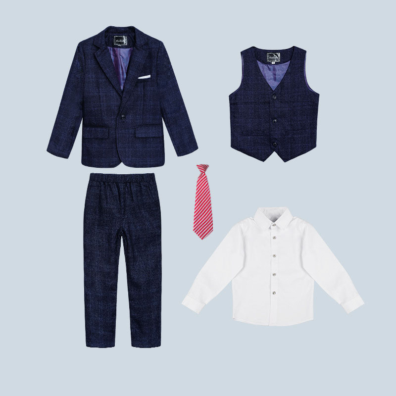 Bule plaid 5-piece set (with shirt and tie)