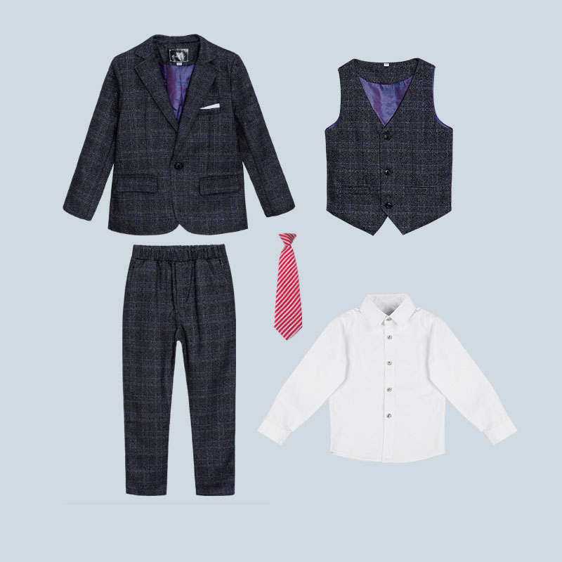 Grey plaid 5-piece set (with shirt and tie)