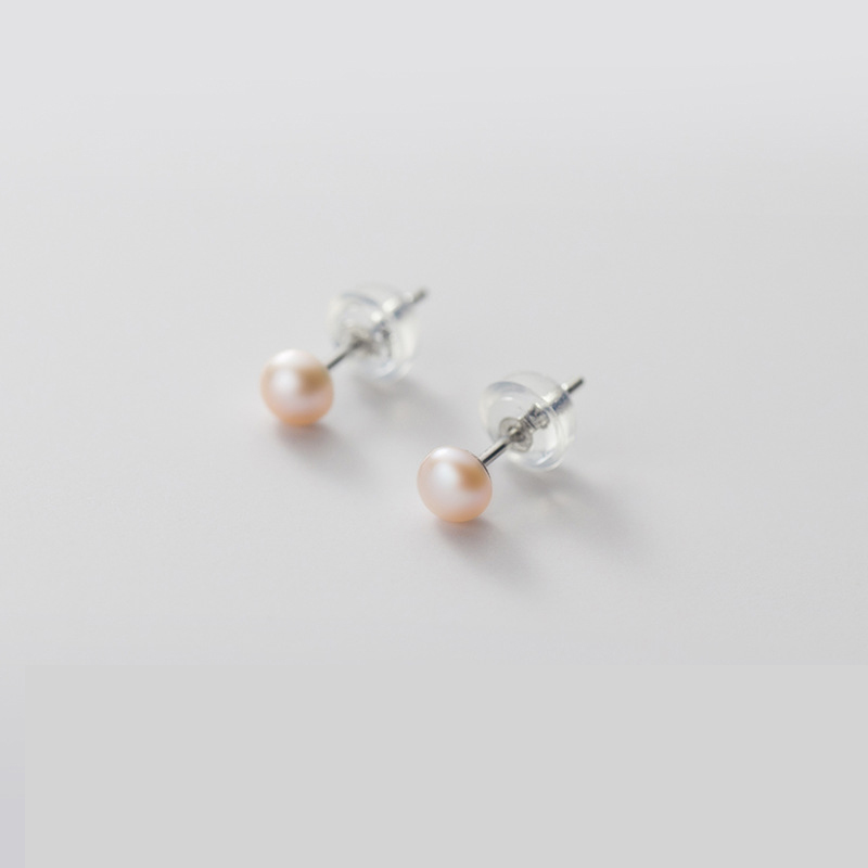 Pink Orange Pearl Stud earrings - Silver 4-5MM- No