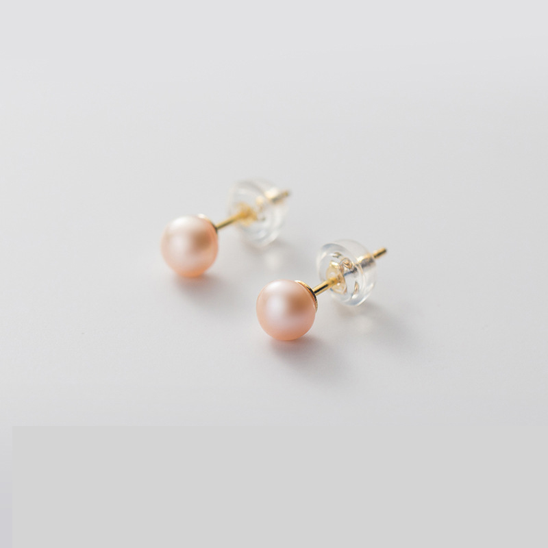 14:Pink Orange Pearl Stud earrings - Gold 5-6MM- No. 2 925 silver