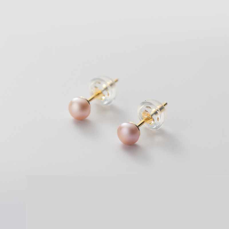 22:Purple Pearl Stud earrings - Gold 4-5MM- No. 1 925 silver