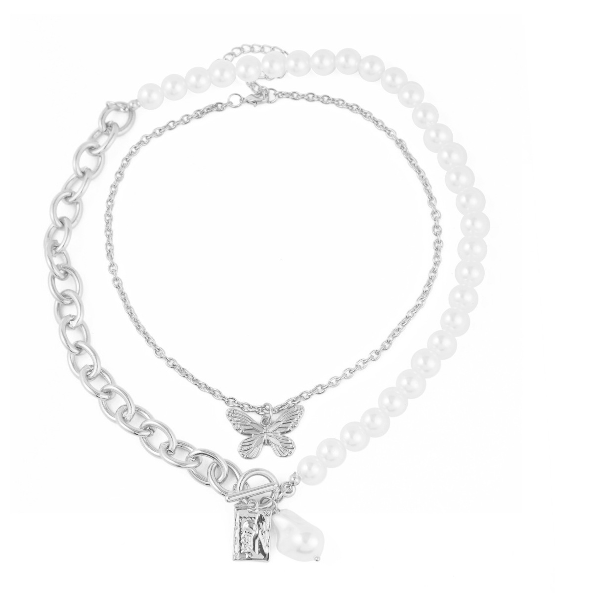 1:N2104-9 Silver Pearl Butterfly necklace