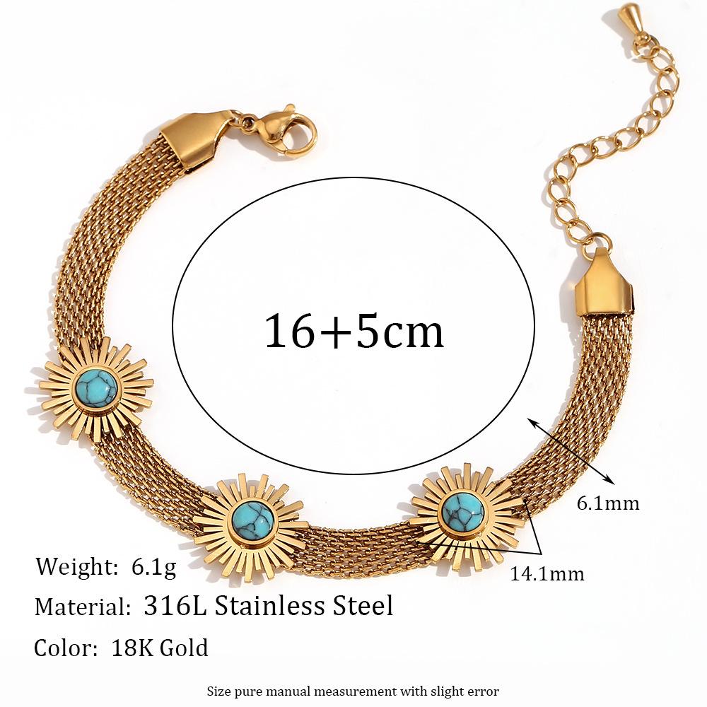 5:Blue turquoise sunflower woven mesh Chain Bracelet - Gold