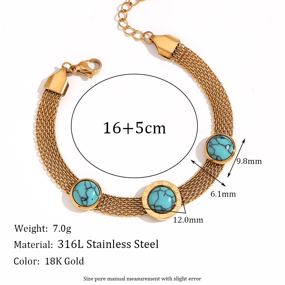 6:Blue turquoise round Roman numerals woven mesh Chain bracelet - Gold