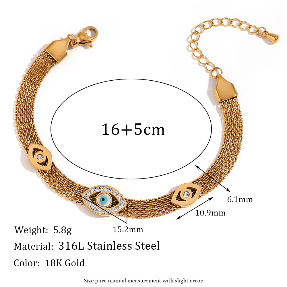 Three eye rhinestones woven mesh chain bracelet - gold