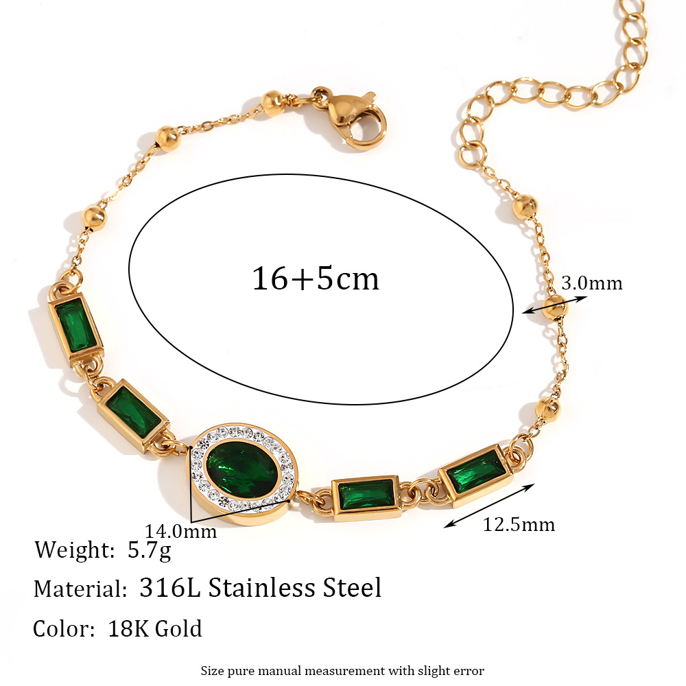 8:Gold white clay stone green diamond oval   rectangular green diamond bracelet