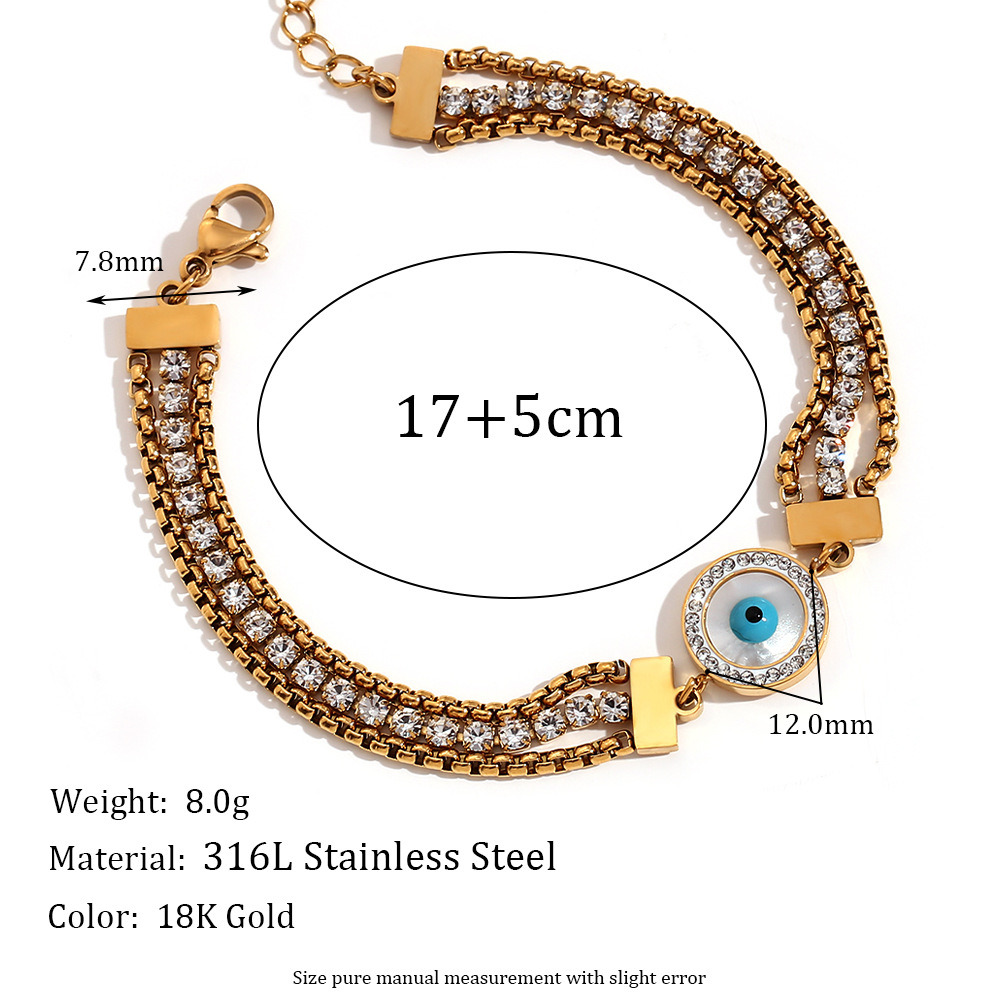 Gold Round eyes Square Pearl Zircon chain triple bracelet - Gold