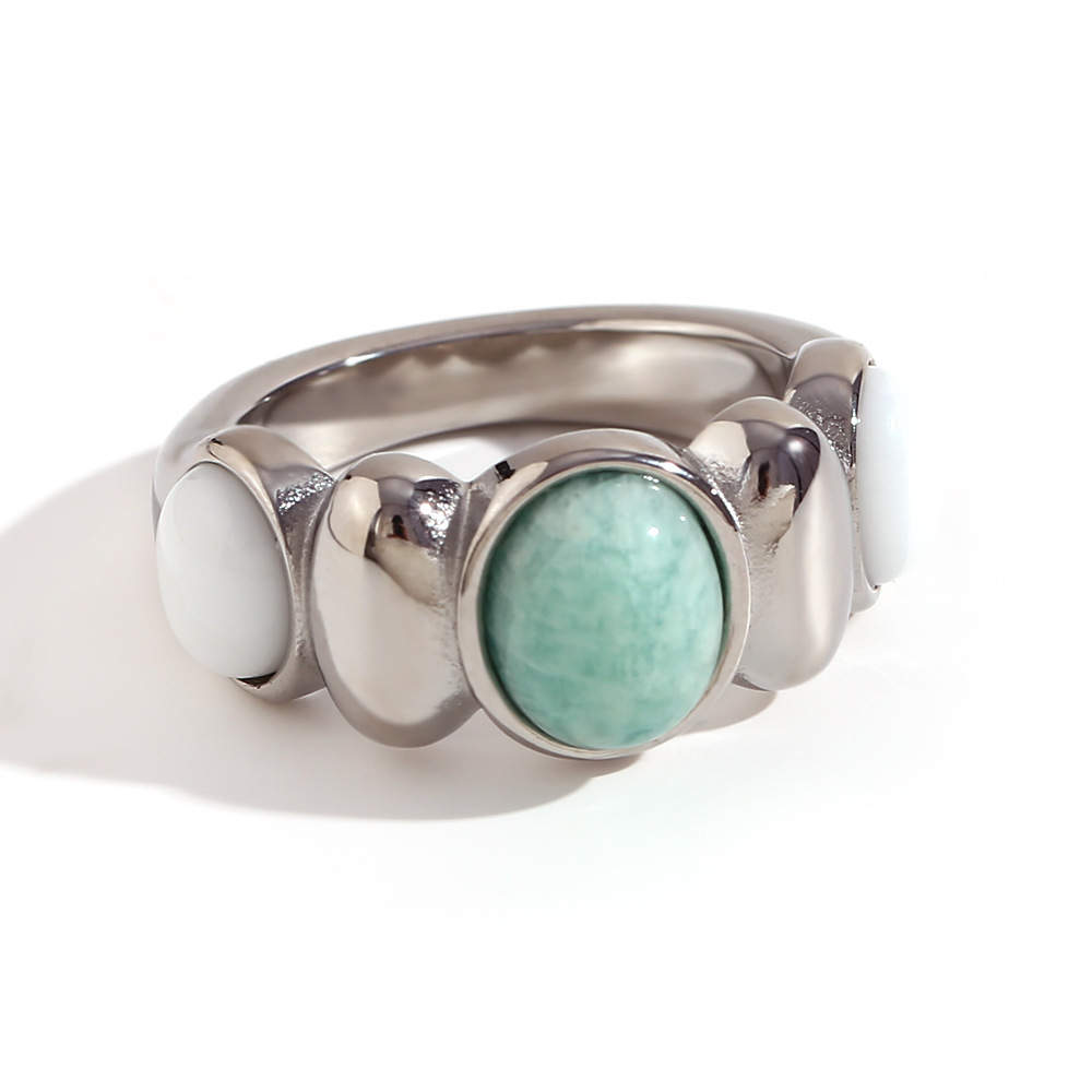 Oval Tianhe Stone white jade ring - steel color -