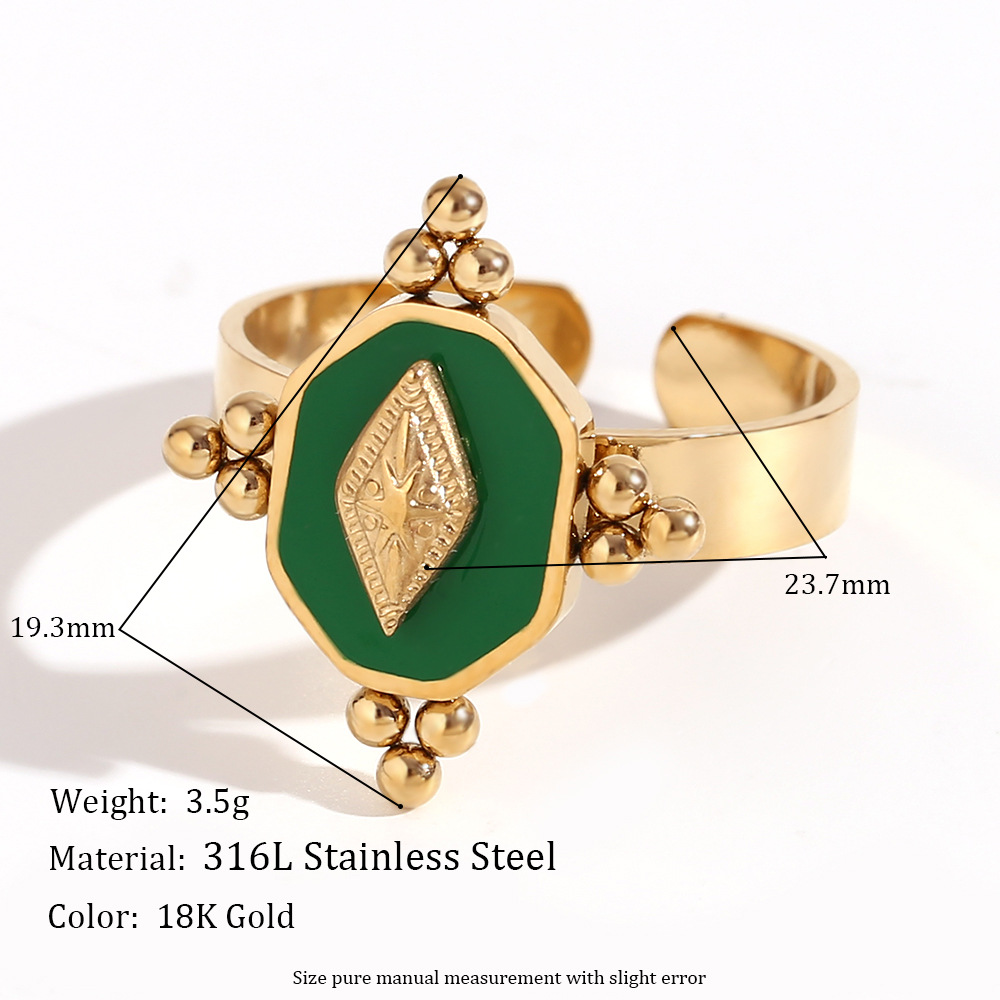 1:Drop Oil Flower quadrilateral opening Ring - gold green