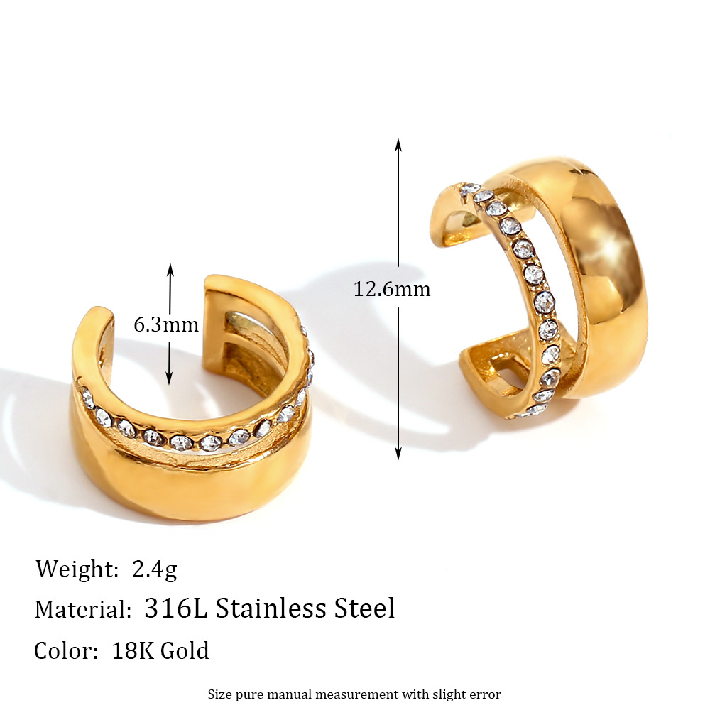 Double rhinestone C-ear clip - Gold - White diamond