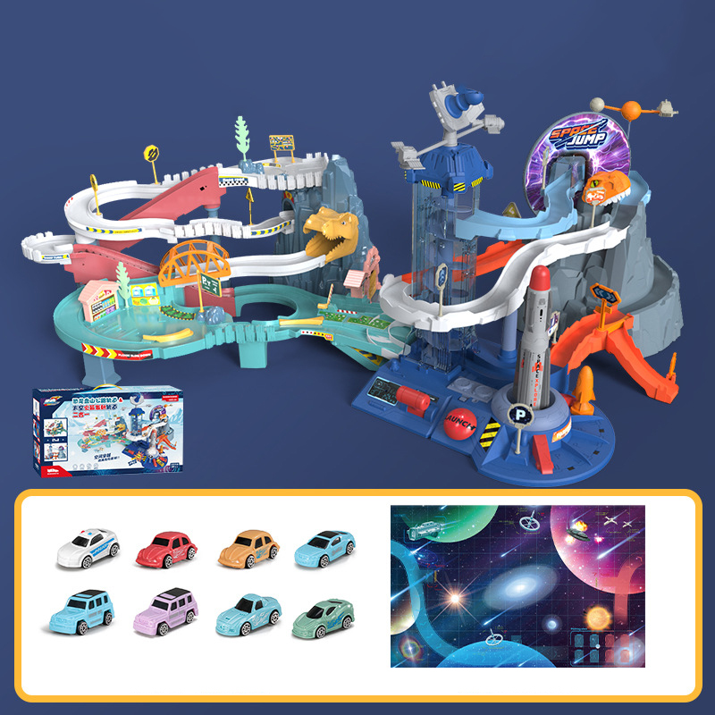 [Gift box]Dinosaur Mountain Road   Space rocket launch track (including 8 cars   beautiful stickers   map)