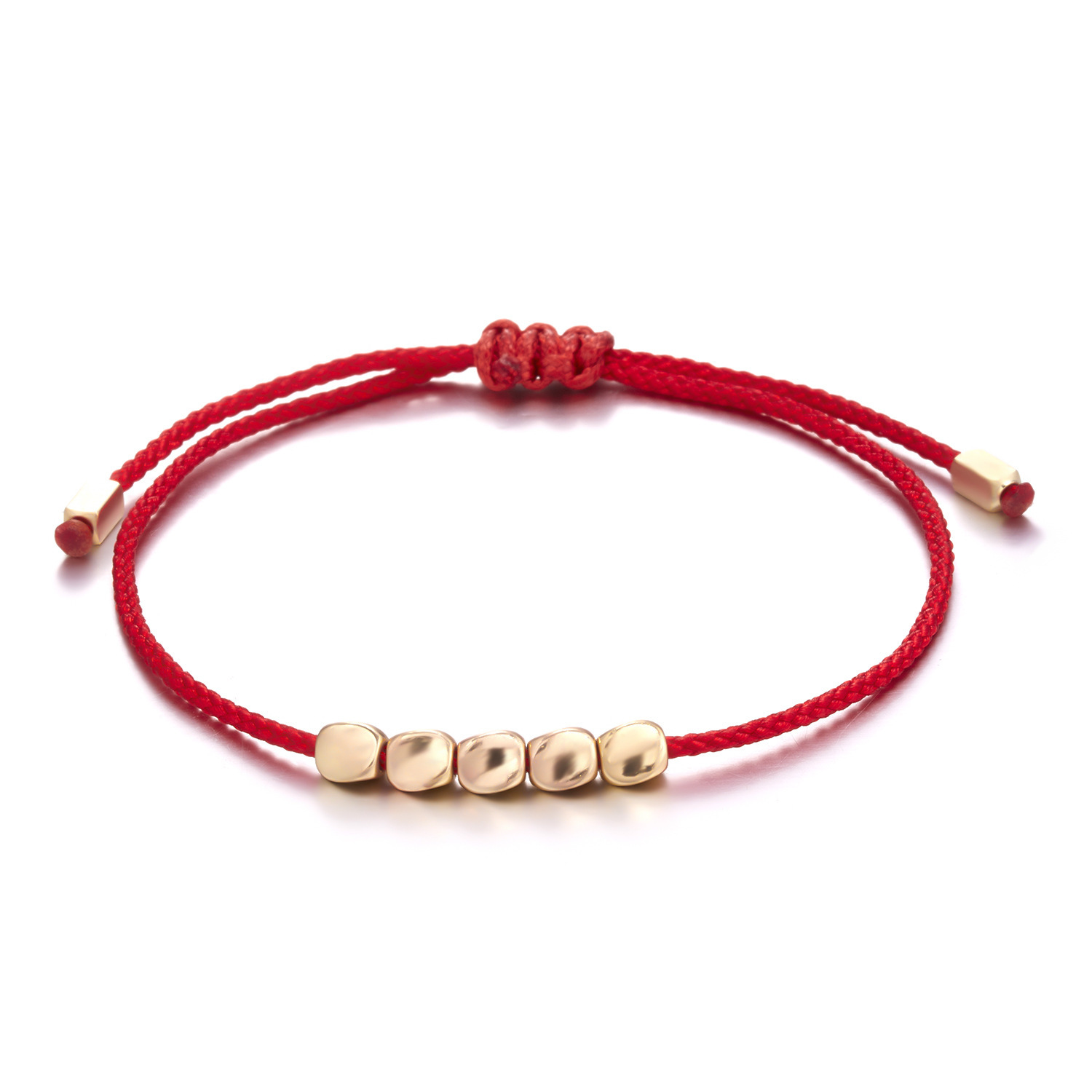 5 red strings with copper beads