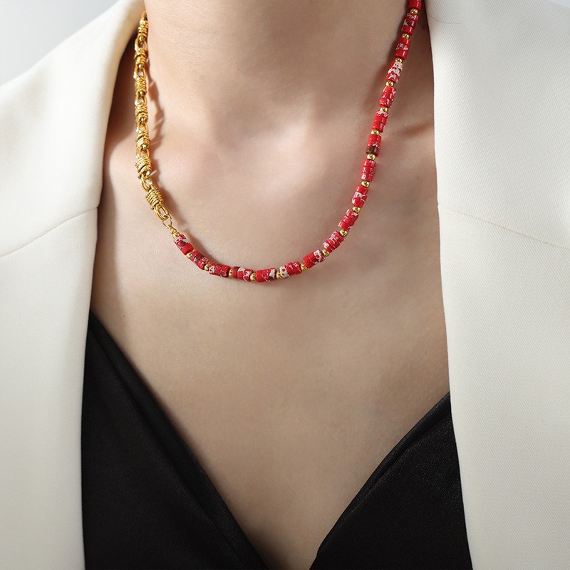 Red natural stone necklace-43cm