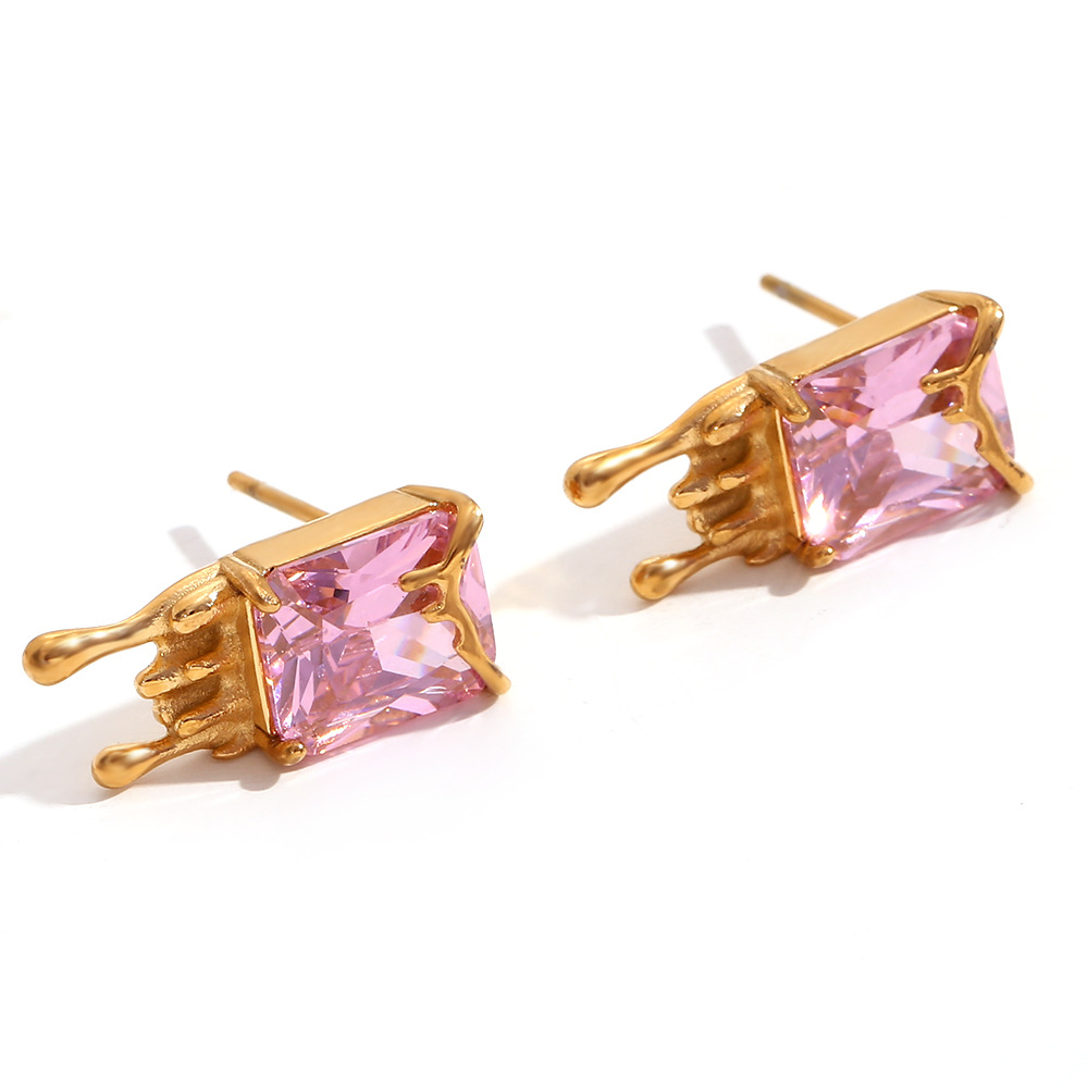 4:Volcanic lava square zircon earrings - Gold - pink diamond