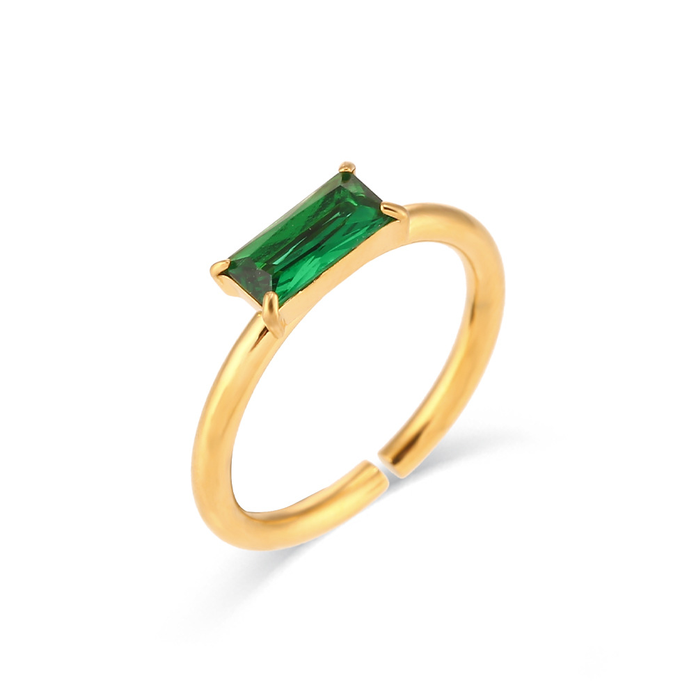 Open rectangular diamond ring - gold - green zirconium