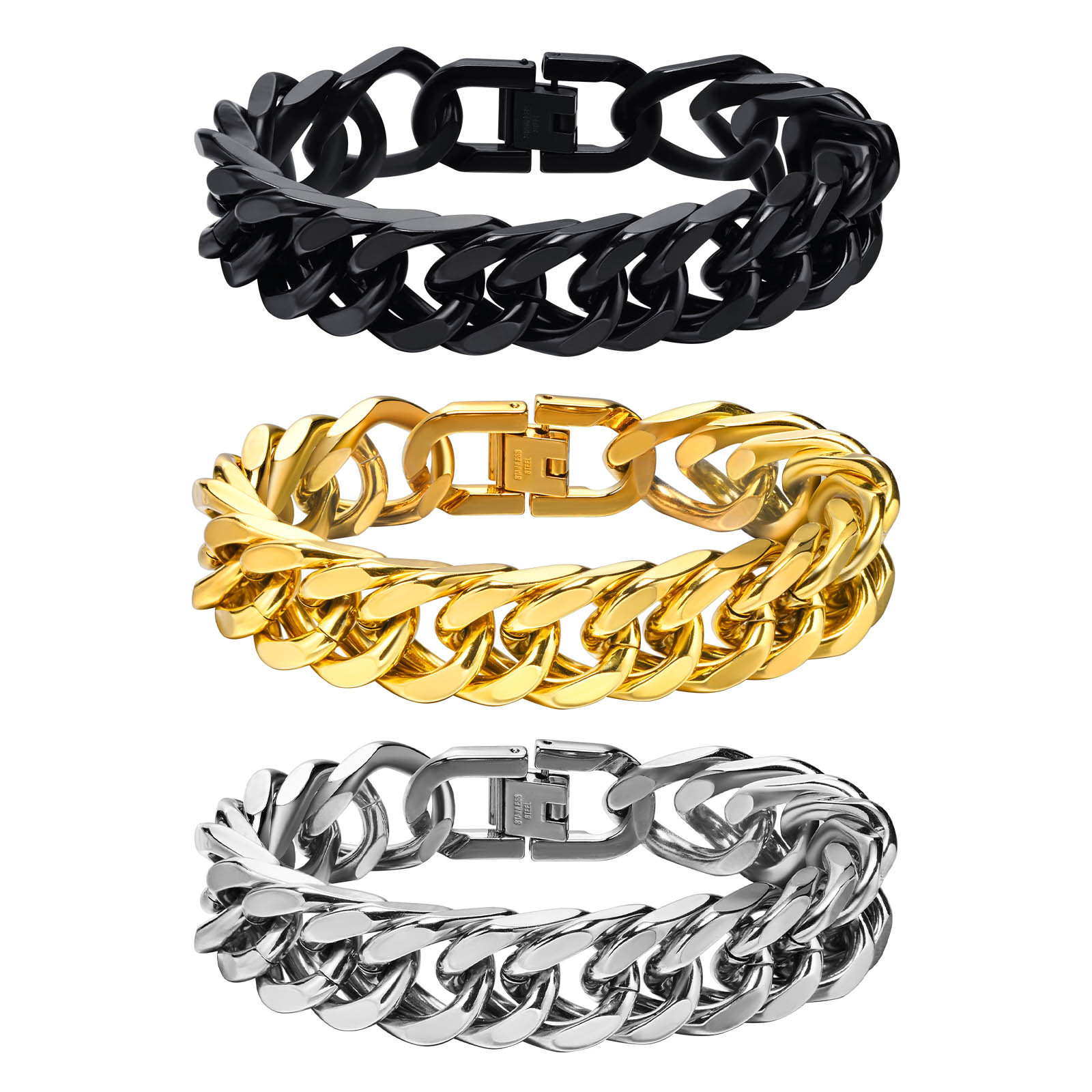 Steel chain width 15MM; bracelet total length 21.5 cm