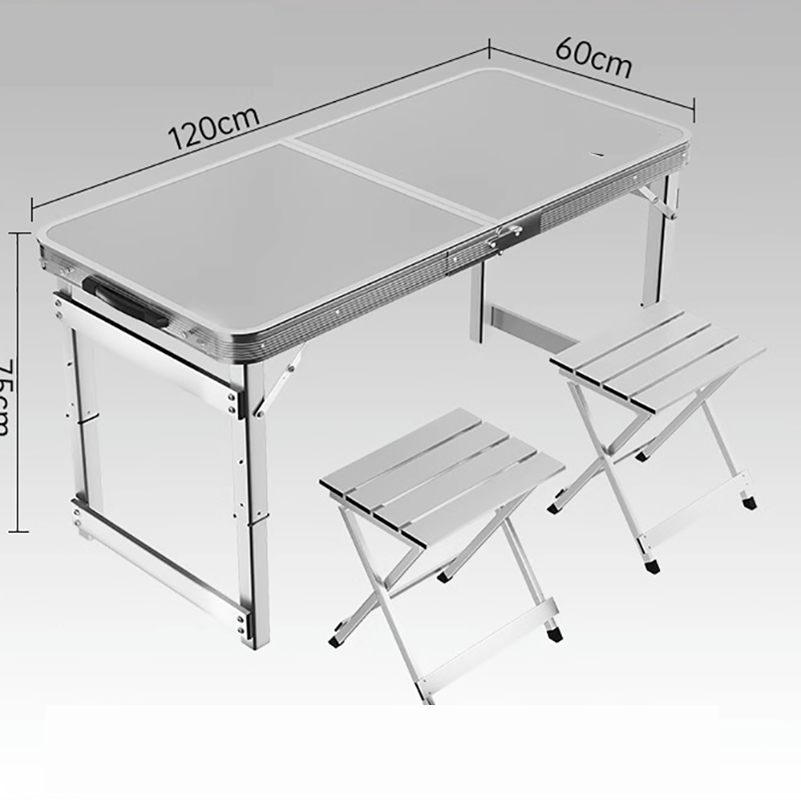 1.2 m dark grey single table and 2 aluminium stools