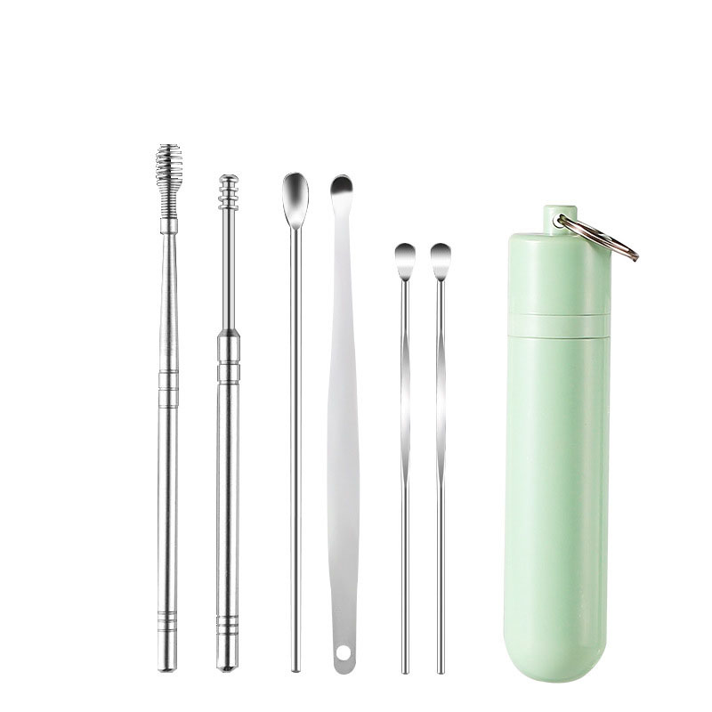 Green Glue Cylinder - Ear Spoon 6-Piece Set - Silver