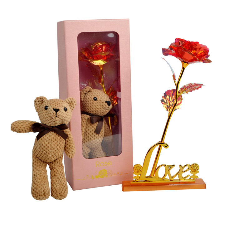 Pink gift box with gold red flowers   yellow teddy bear   base