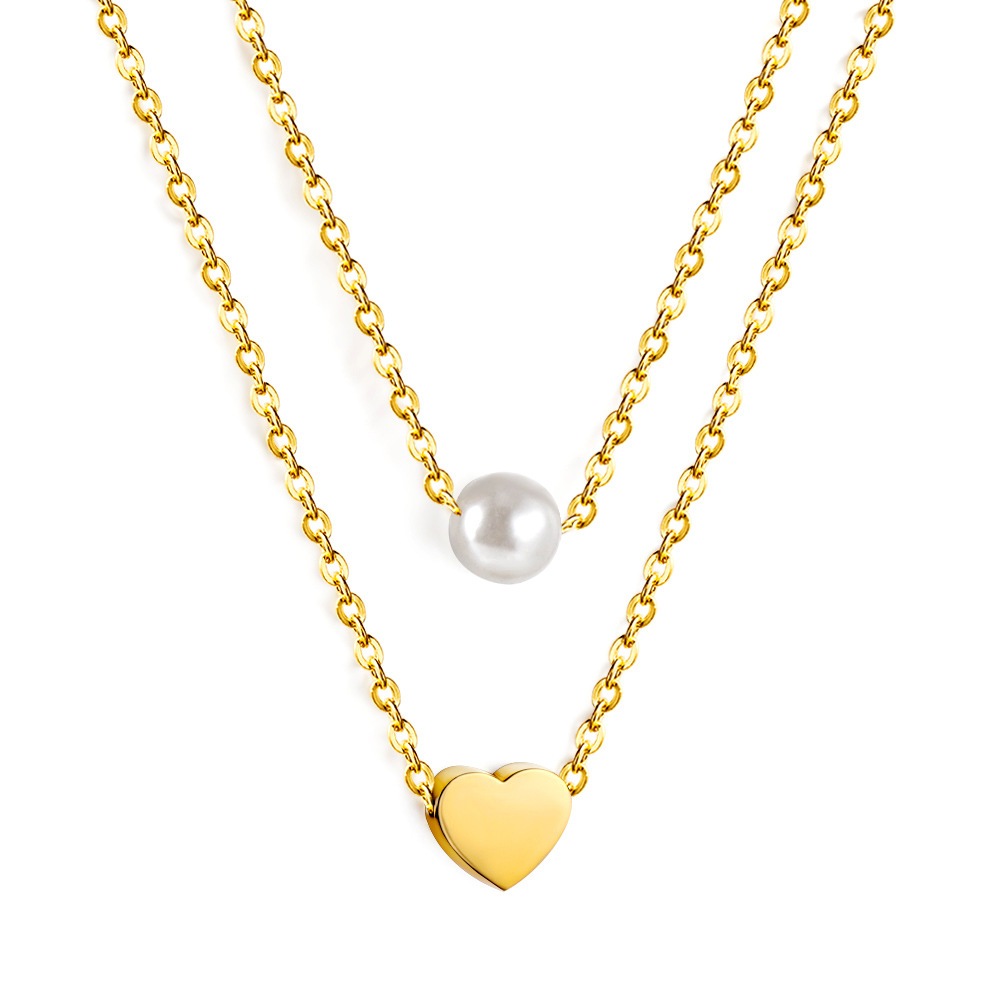 Heart white pearl pendant double chain