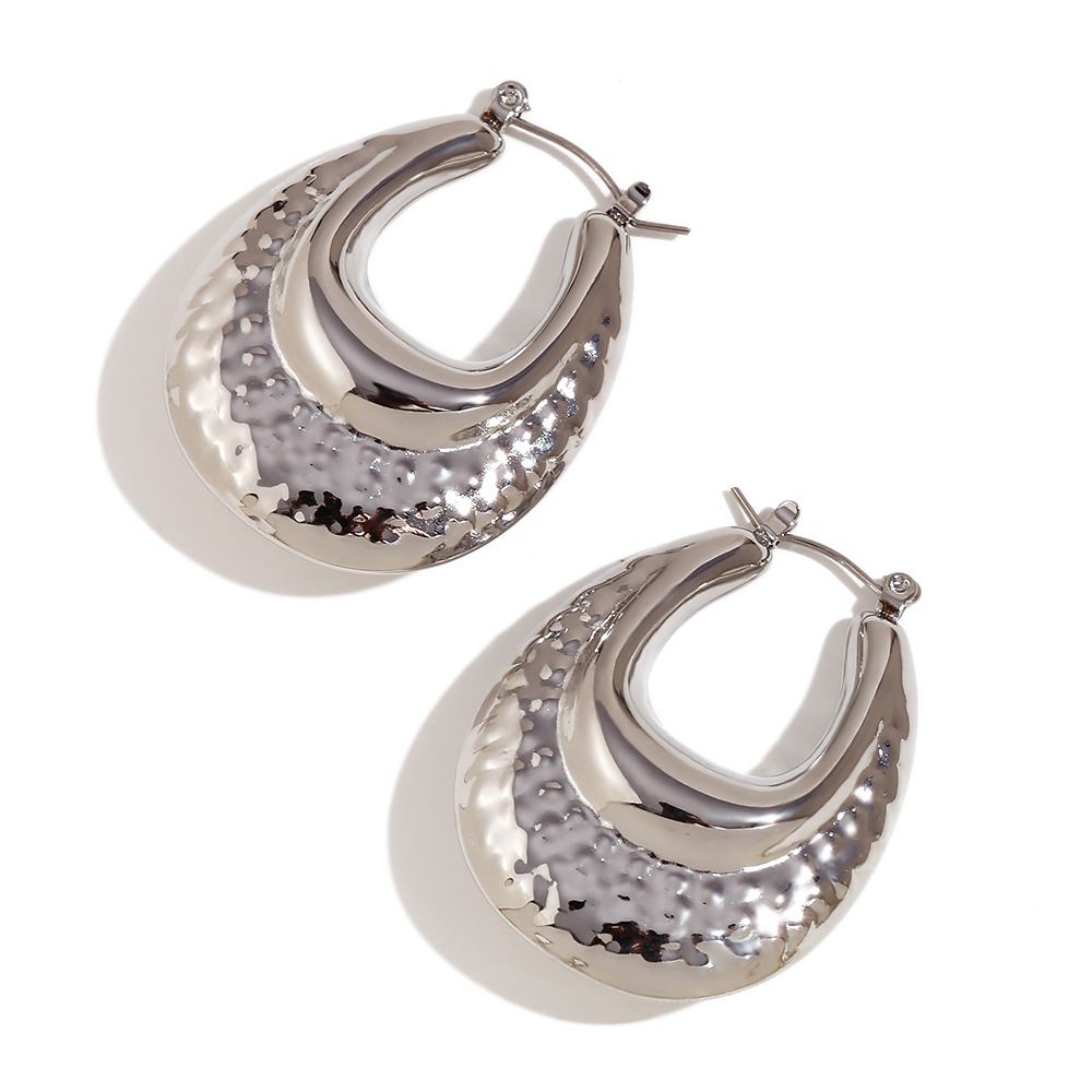 30:Hollow double beat print smooth drop U-shaped earrings - steel color