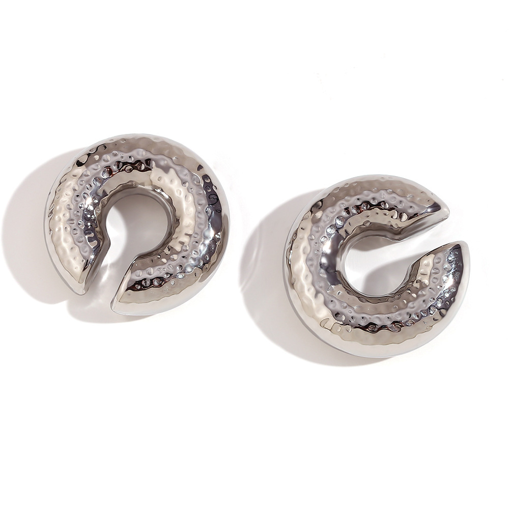 Hammered pattern 30mm hollow ear clips - steel col