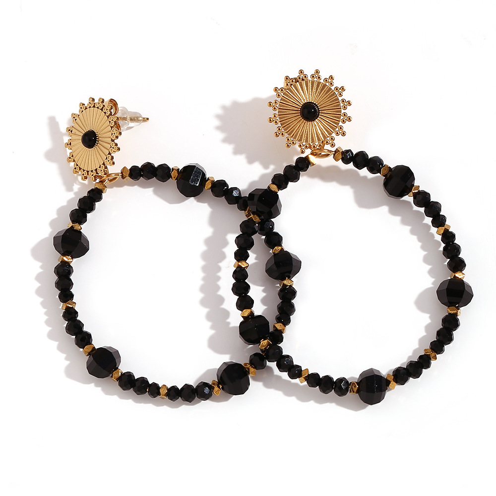11:Hand-carved natural stone crystal beads Ethnic style earrings - black