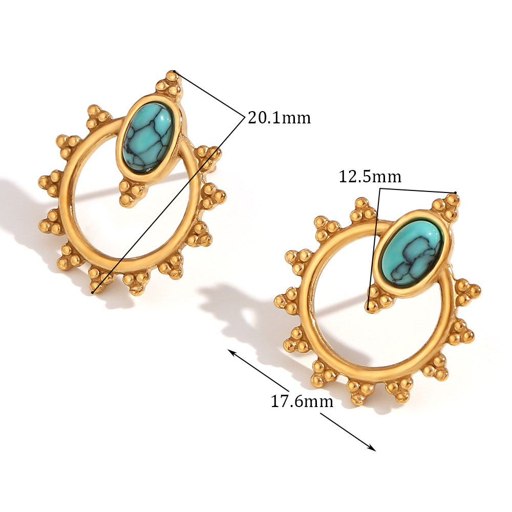 1:Blue turquoise earrings with three oval lace - gold