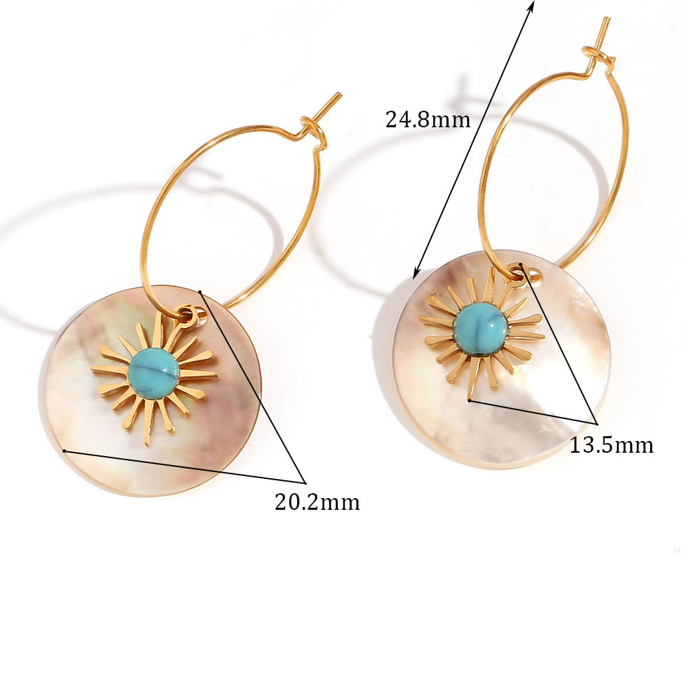 Artificial turquoise sunflower round shell earrings - Gold