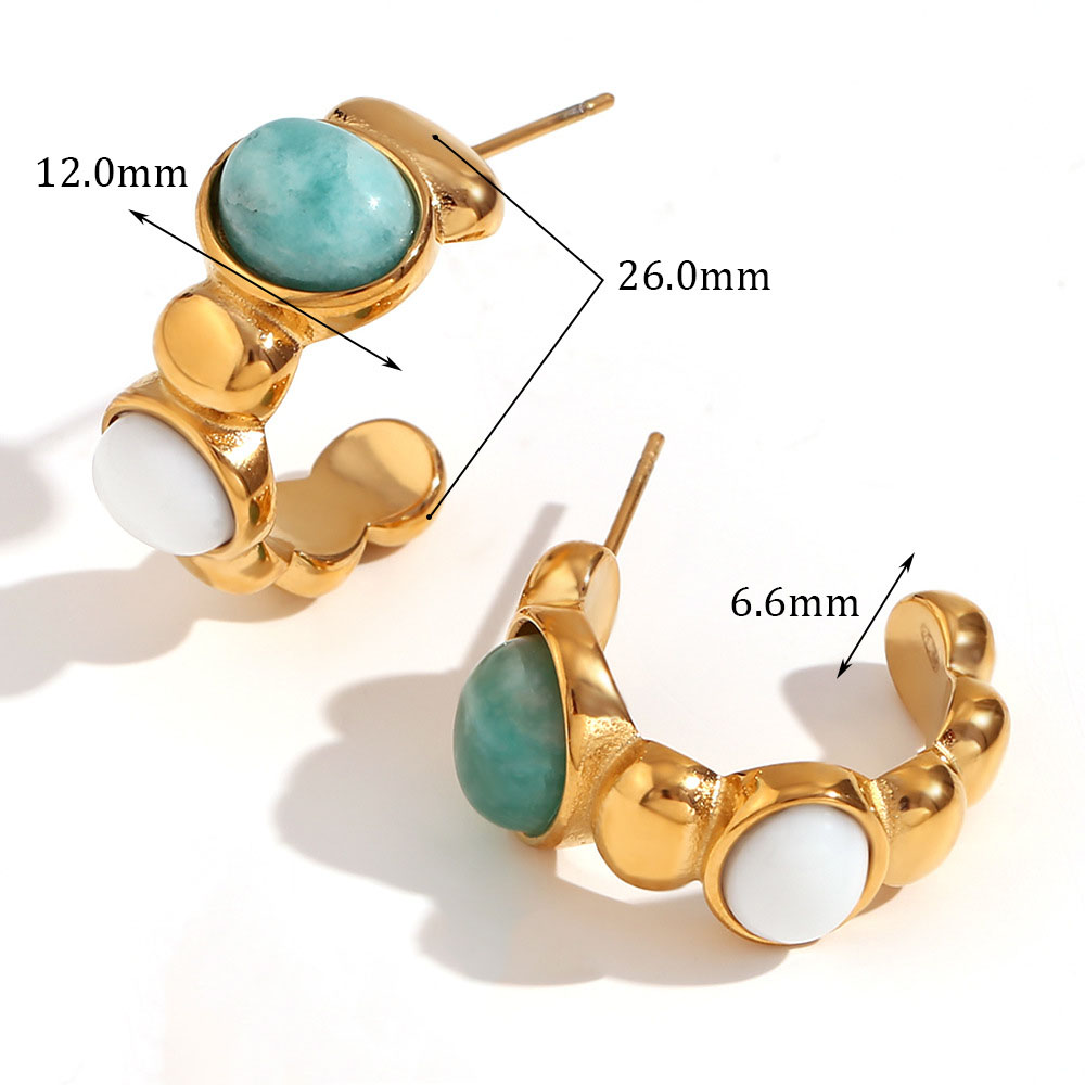 6:Tianhe Stone white jade contrast color oval casting ear ring - gold