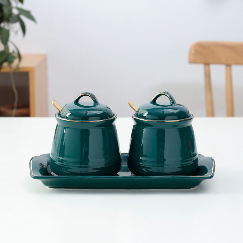 Drum shaped dark green flavoring pot - two cans, two spoons, one dish
