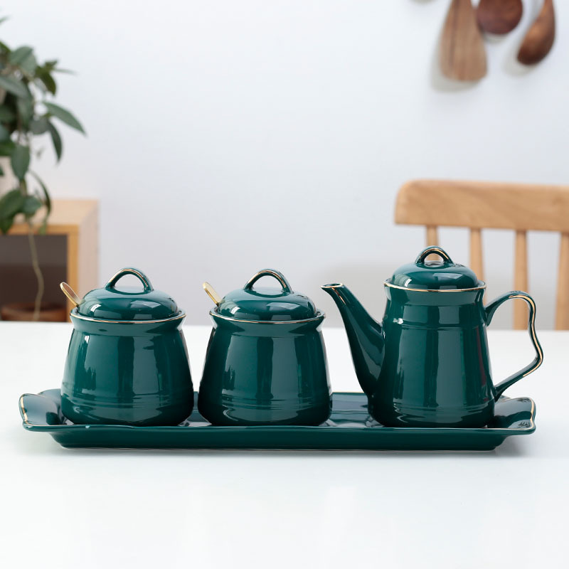 Drum shaped dark green seasoning pot - two POTS two spoons one pot one plate